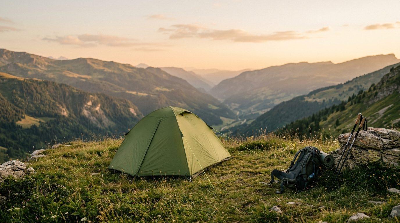 Tente de randonnée verte montée sur un replat herbeux en moyenne montagne au coucher du soleil, sac à dos et bâtons posés contre un rocher Tente de randonnée verte montée sur un replat herbeux en moyenne montagne au coucher du soleil, sac à dos et bâtons posés contre un rocher