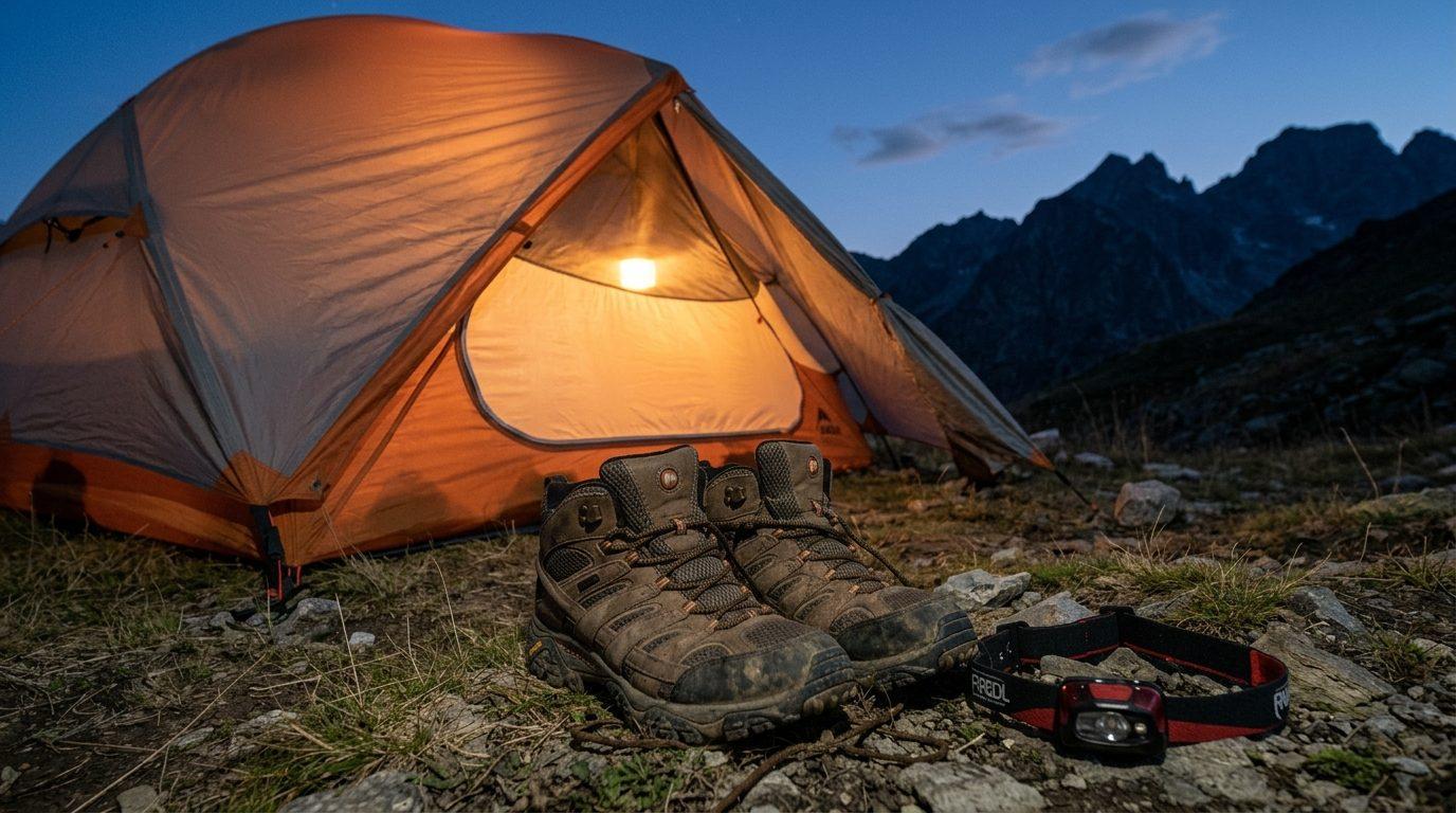 Tente de bivouac éclairée de l’intérieur au crépuscule en haute montagne, chaussures de randonnée et lampe frontale posées devant l’abside Tente de bivouac éclairée de l’intérieur au crépuscule en haute montagne, chaussures de randonnée et lampe frontale posées devant l’abside