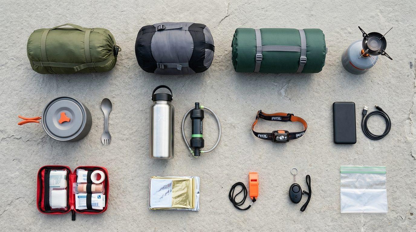 Matériel de bivouac pour une nuit disposé à plat: tente, duvet et matelas en housse, réchaud, popote et couvert, gourde et filtre à eau, lampe frontale, batterie externe, trousse de secours, couverture de survie, sifflet, alarme personnelle porte-clés et sac à déchets Matériel de bivouac pour une nuit disposé à plat: tente, duvet et matelas en housse, réchaud, popote et couvert, gourde et filtre à eau, lampe frontale, batterie externe, trousse de secours, couverture de survie, sifflet, alarme personnelle porte-clés et sac à déchets