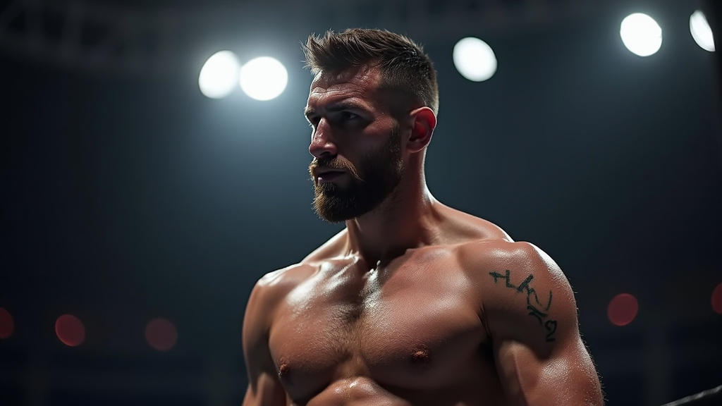 Artur Beterbiev regard intense dans le ring, en tenue de combat, lumière dramatique