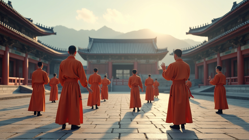 Vue moderne du monastère de Shaolin en 2025 avec des moines en entraînement