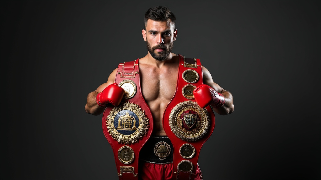 Artur Beterbiev posant avec les trois ceintures IBF, WBC et WBO, regard fier, vestiaire