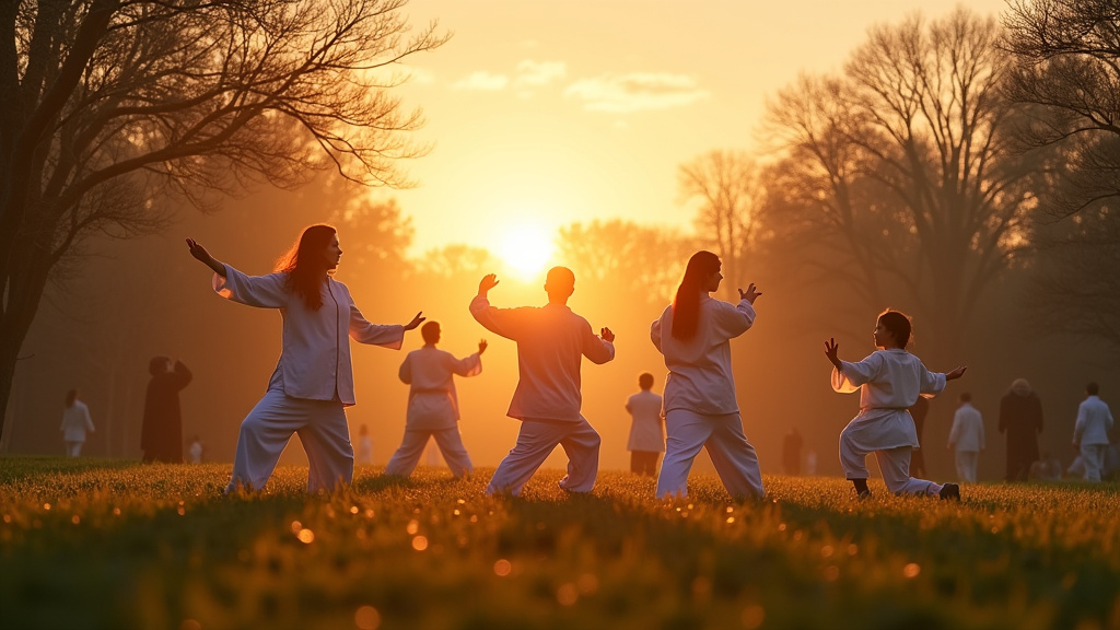 Groupe de pratiquants de Tai Chi dans un parc au lever du soleil