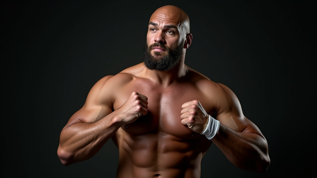 Portrait en studio de Tyson Fury, regard intense, bras croisés