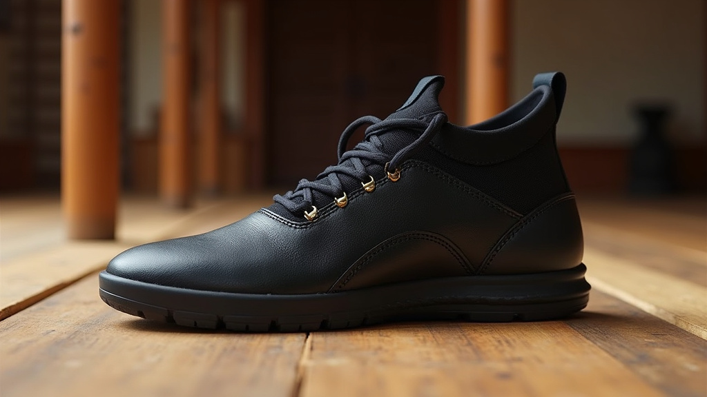 Chaussure de Kung Fu en toile noire posée sur un sol en bois de dojo