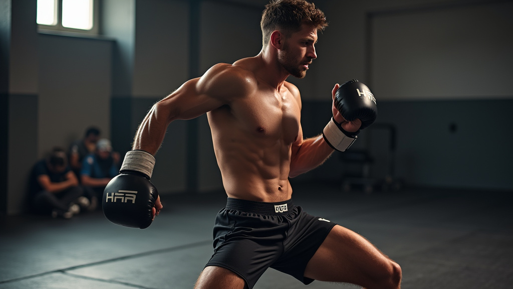 Pratiquant de MMA en pleine séance de cardio avec sac de frappe