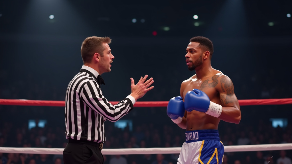 Gervonta Davis à genou sur le ring pendant le combat, arbitre en train de compter, expression de douleur