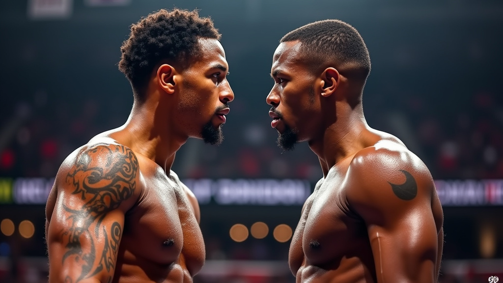 Montage artistique de Gervonta Davis face à Shakur Stevenson, regard de défi, ambiance de combat d’unification