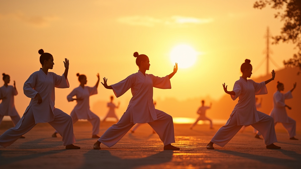 Groupe de personnes pratiquant le Tai Ji Quan au lever du soleil