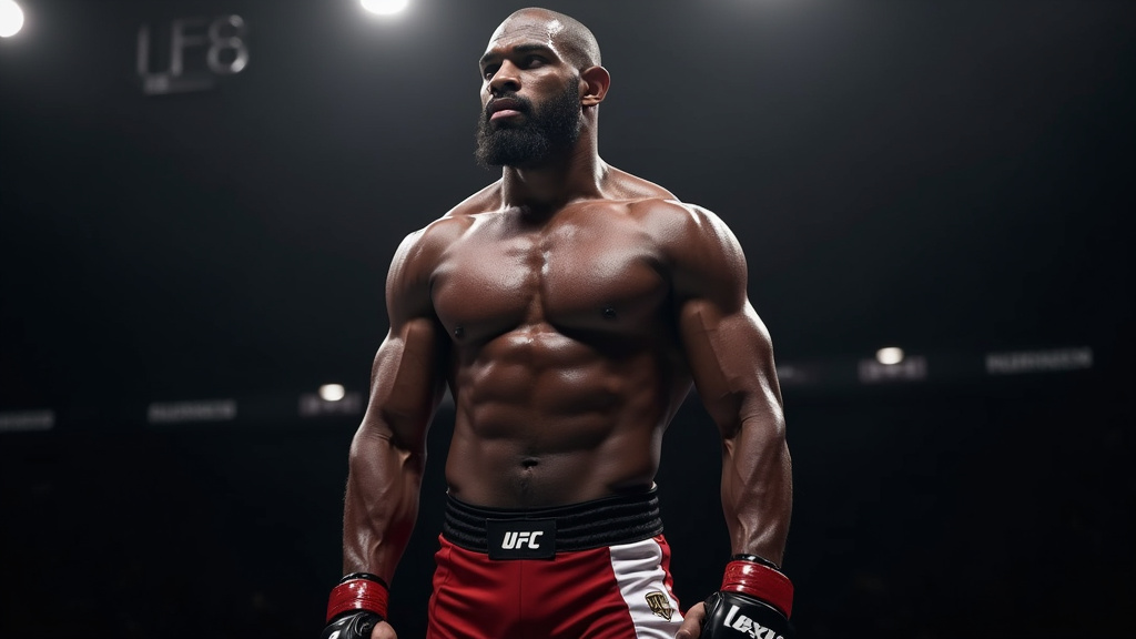 Jon Jones tenant sa ceinture UFC des poids lourds, regard fixe, entouré de lumière dans l'octogone