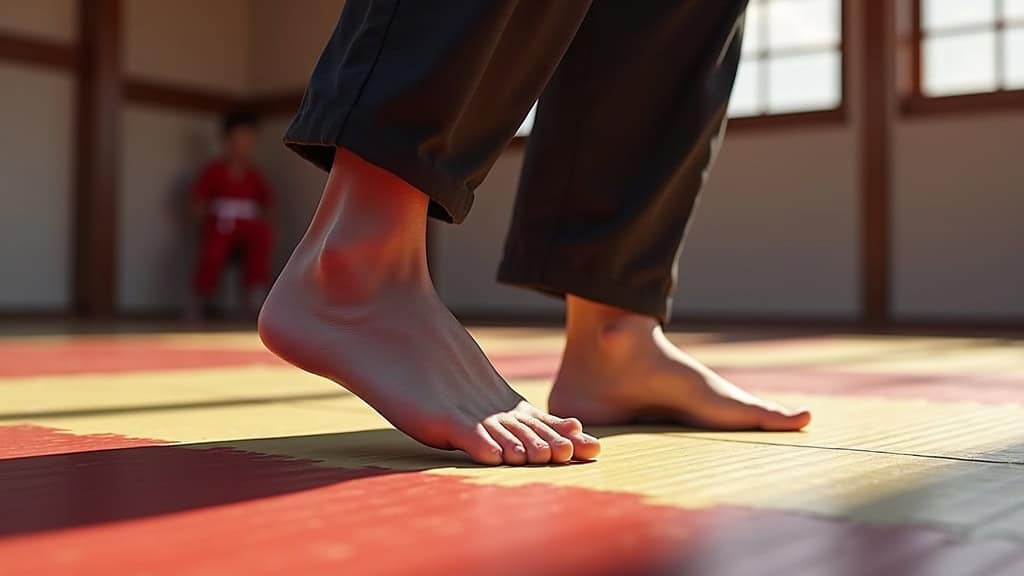 Chaussures de kung fu avec semelle fine utilisées sur un sol de dojo