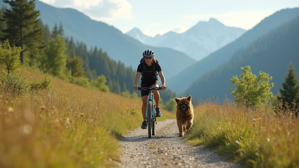 Cycliste sur un vélo trekking traversant un chemin de gravier avec des sacoches, entouré de paysages naturels
