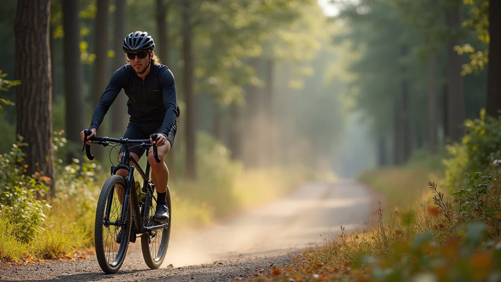 Vélo gravel en mouvement sur un sentier forestier de gravier, avec des pneus larges et un cycliste en position sportive