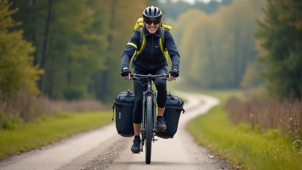 Vélo trekking chargé prêt au départ, avec sacoches, pompe, bidons et outils visibles, sur une route de campagne