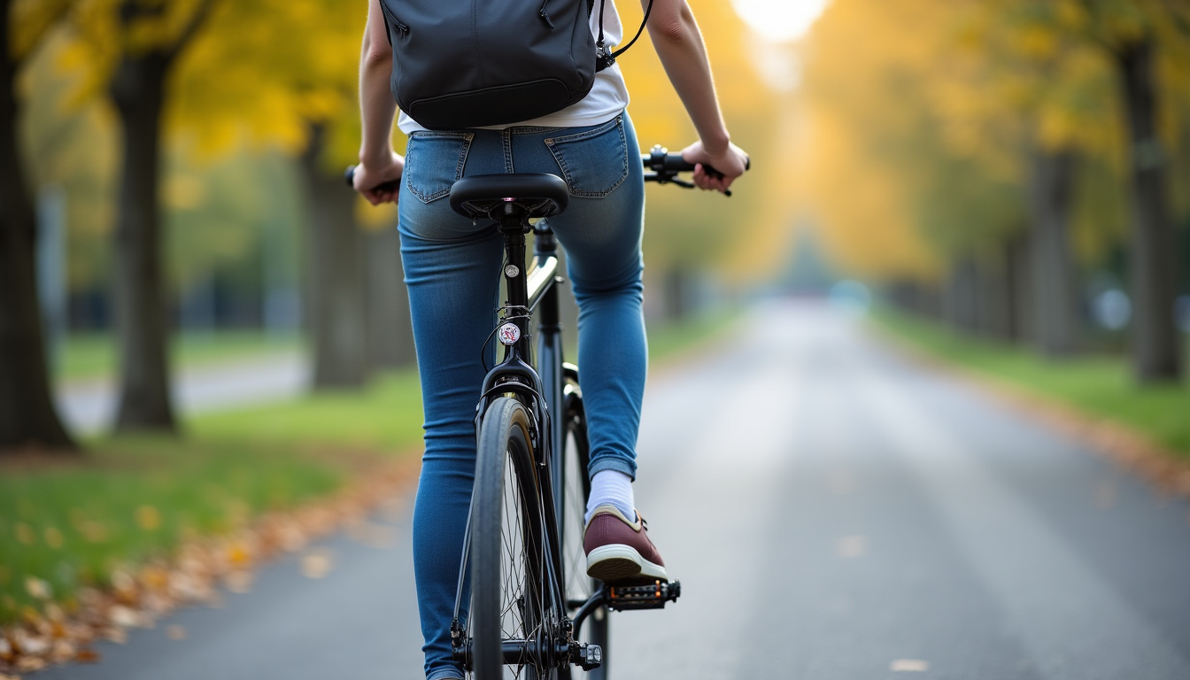 Adulte de petite taille utilisant un vélo 26 pouces sur un chemin urbain