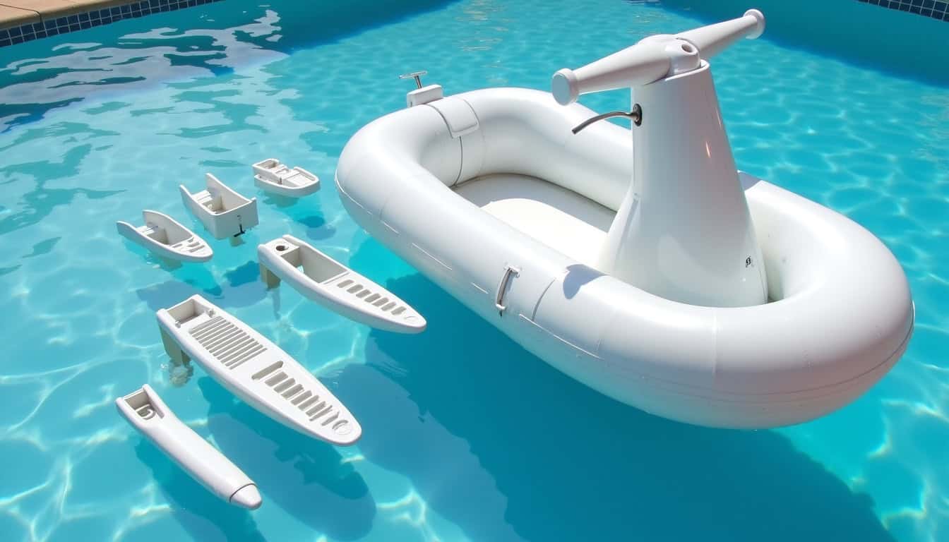 Assemblage de pièces détachées d’un vélo de piscine flottant sur l’eau, prêt à être installé