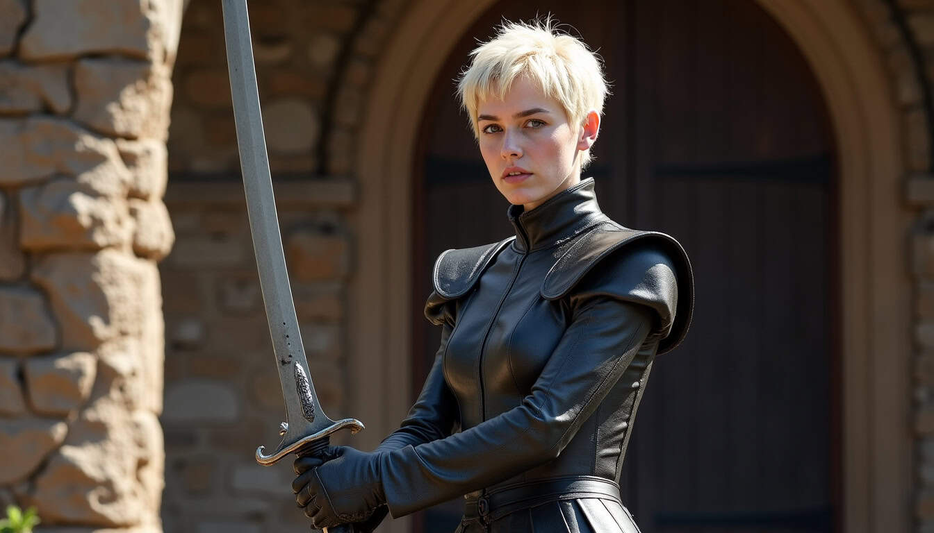 Brienne de Tarth dans Game of Thrones brandissant son épée avec un corps athlétique et musclé