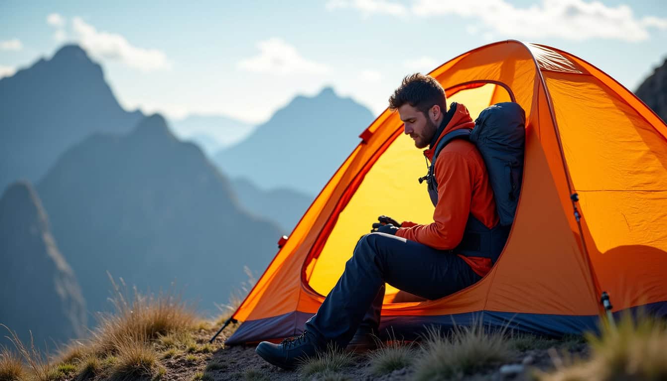 Chasseur alpin en bivouac sous tente de survie dans un paysage de haute montagne