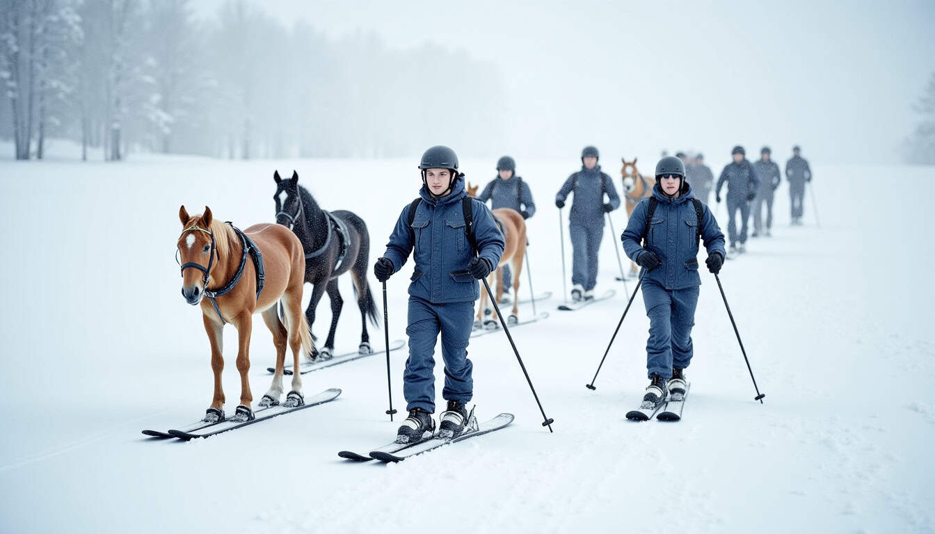 Chasseurs alpins en formation de ski de patrouille dans la neige