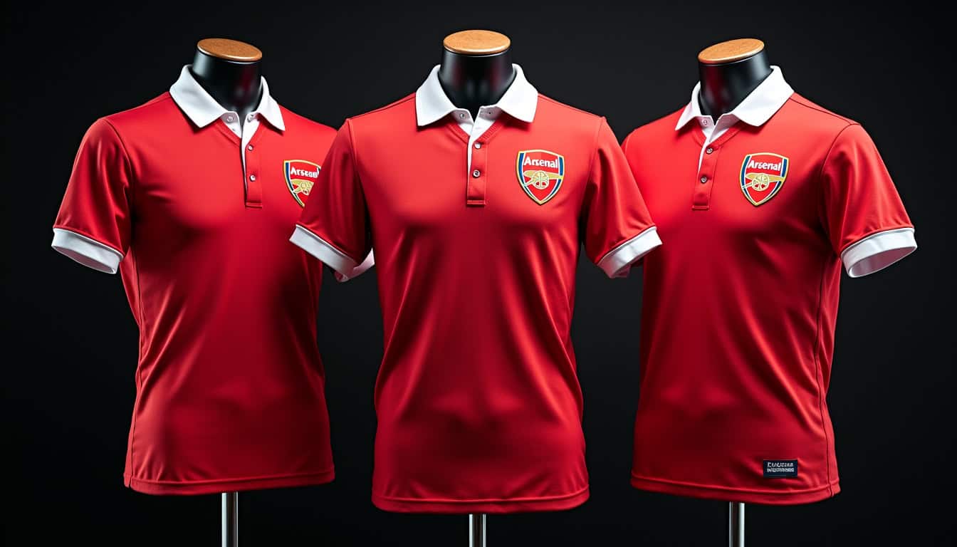 Collection de maillots vintage Arsenal disposés sur fond noir