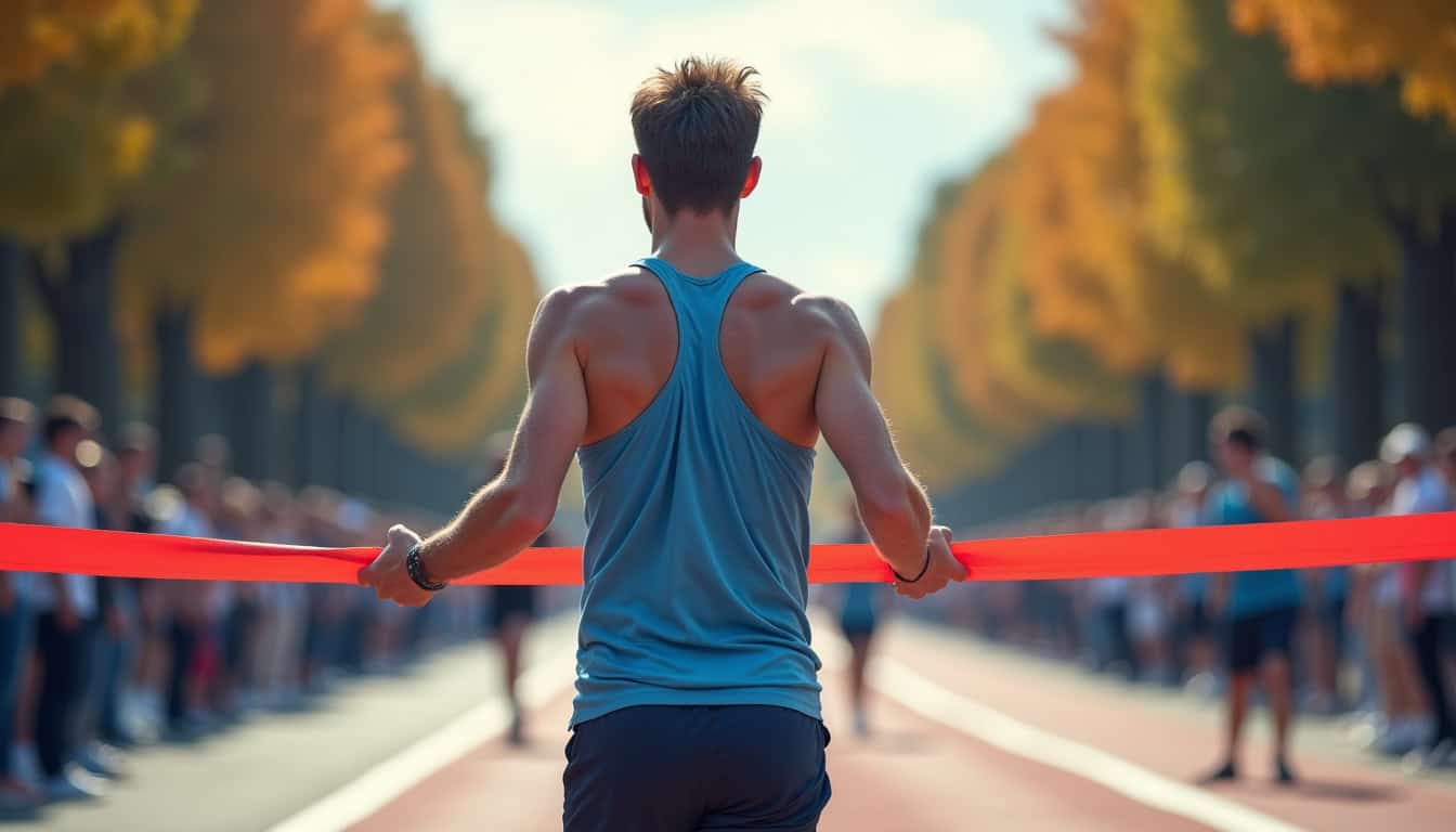Coureur homme franchissant la ligne d’arrivée d’un marathon en 2026
