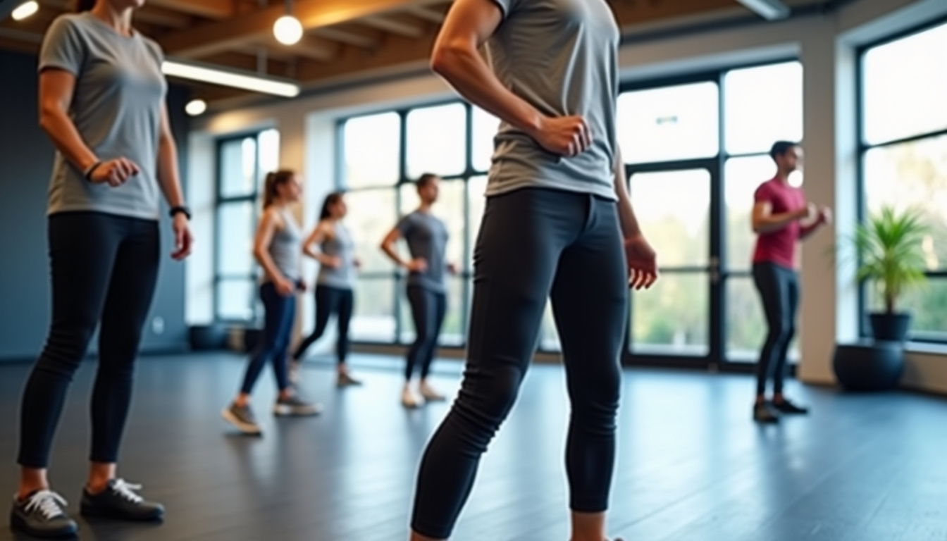 Cours collectif en groupe dans un club Fitness Park, illustrant l