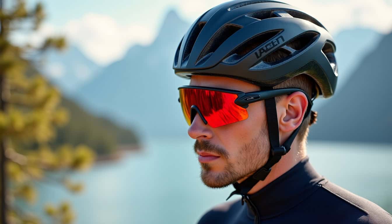 Cycliste essayant des lunettes Oakley avec son casque de vélo pour tester l