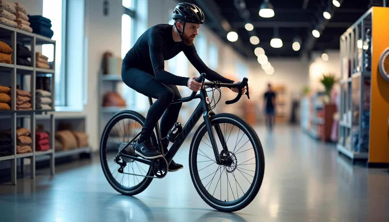 Cycliste essayant un vélo cross dans un magasin spécialisé avec l