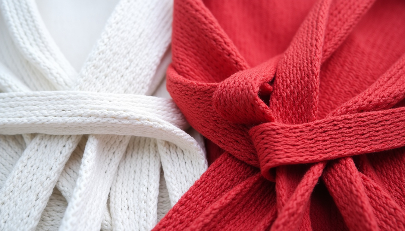 Ensemble des ceintures de judo par ordre de couleur du blanc au rouge