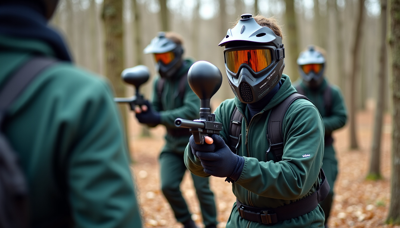 Équipe d’entreprise en action lors d’un team building de paintball près de Lyon