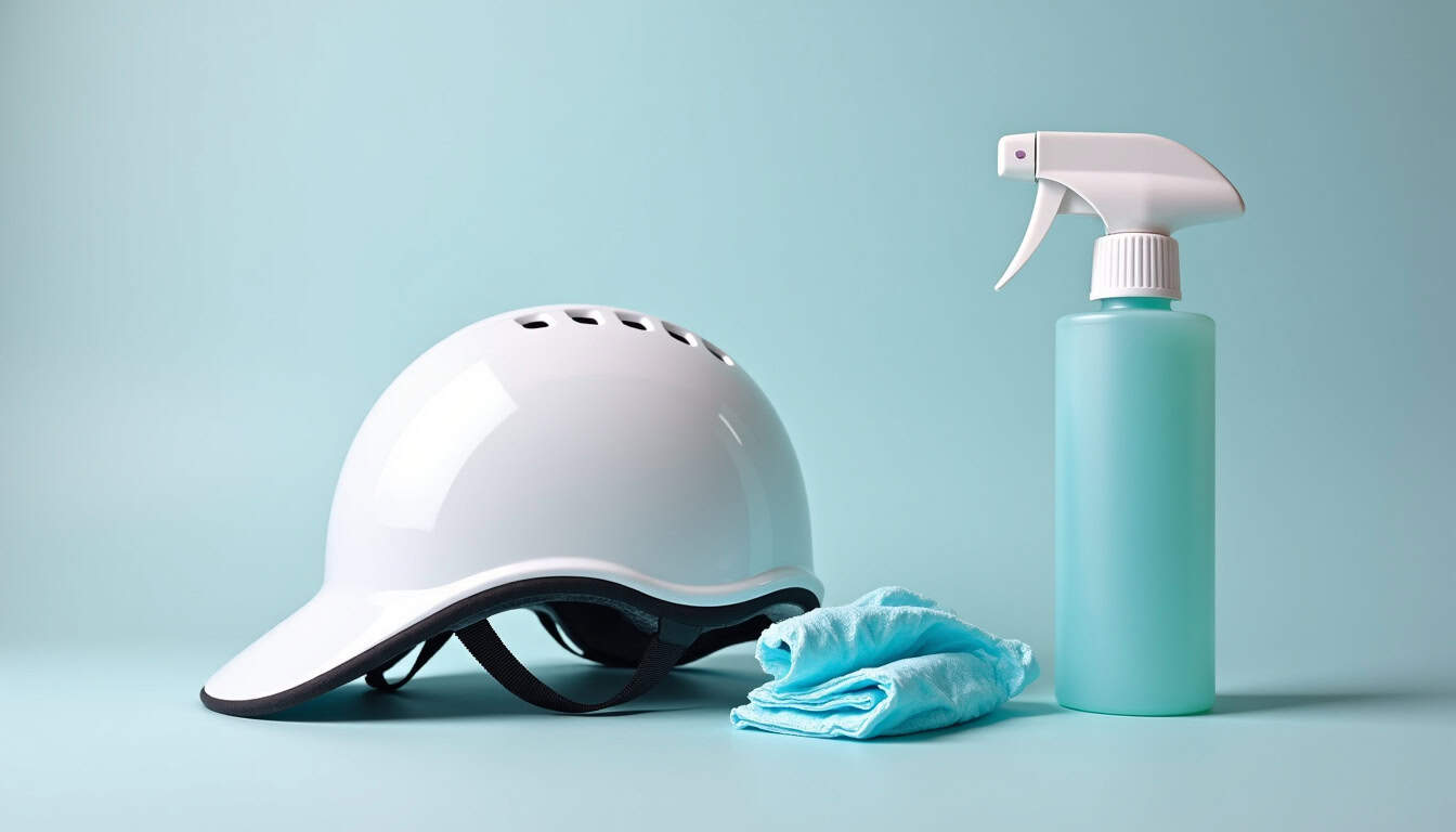 Étapes de nettoyage d’un casque de boxe avec chiffon et spray désinfectant