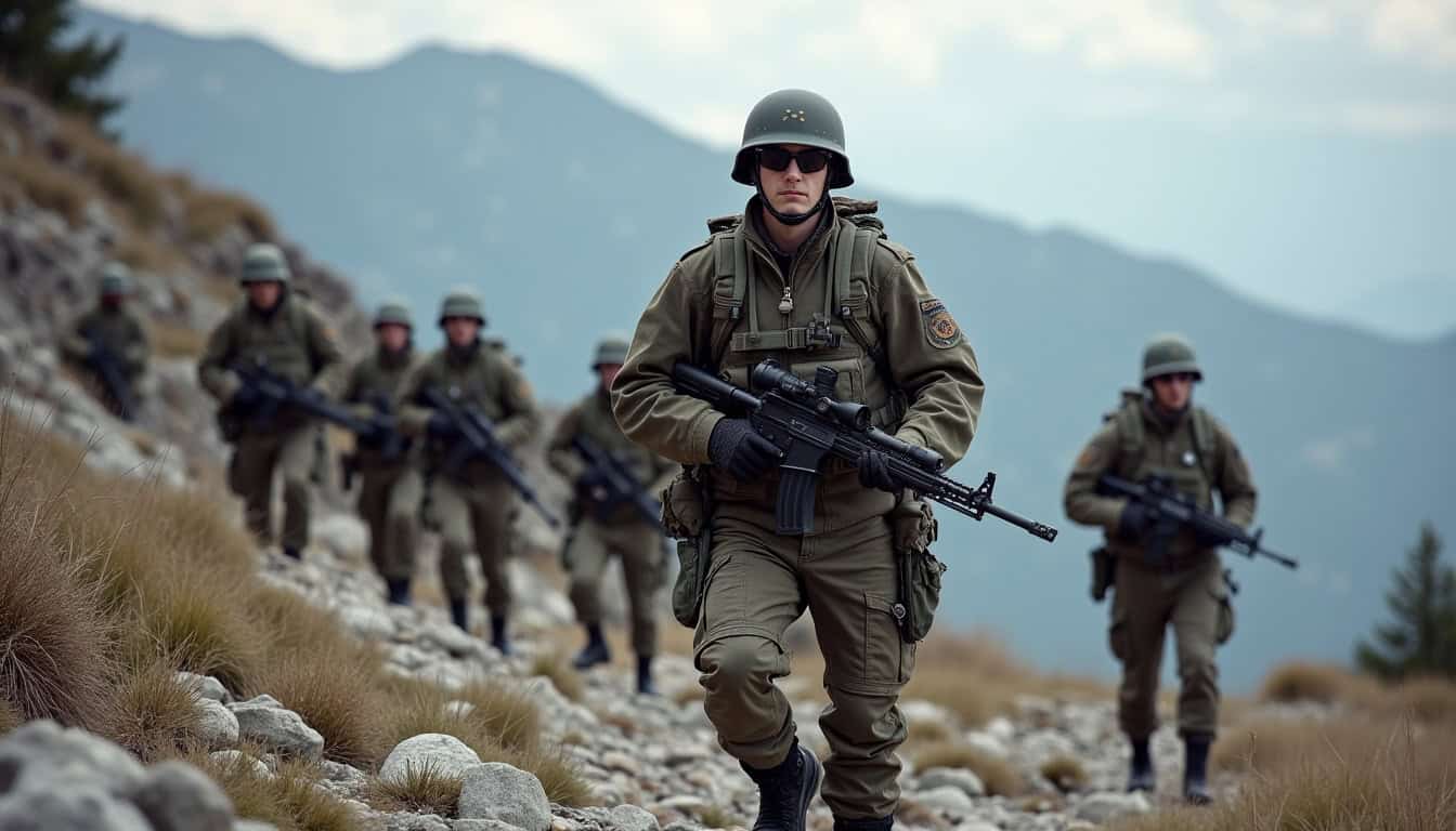 Groupe de chasseurs alpins en entraînement intensif dans un terrain rocheux