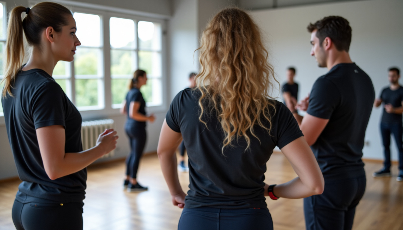 Groupe de personnes pratiquant un cours de TRX en salle, encadrées par un coach