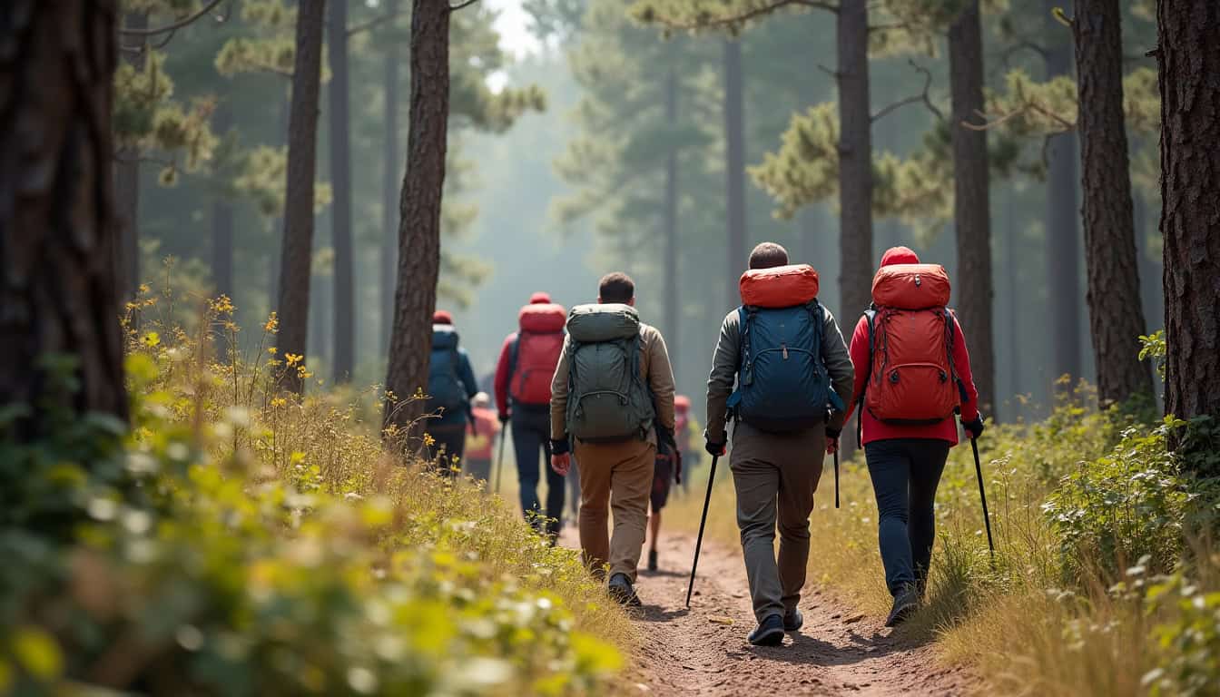 Groupe en randonnée avec des raquettes dans la forêt enneigée du massif du Djurdjura en Algérie