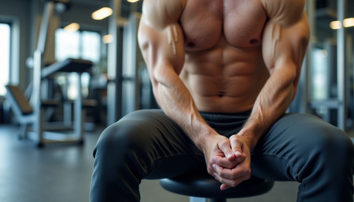 Homme assis sur un banc effectuant un curl concentré avec un haltère, coude appuyé contre la cuisse, mouvement contrôlé et contraction maximale