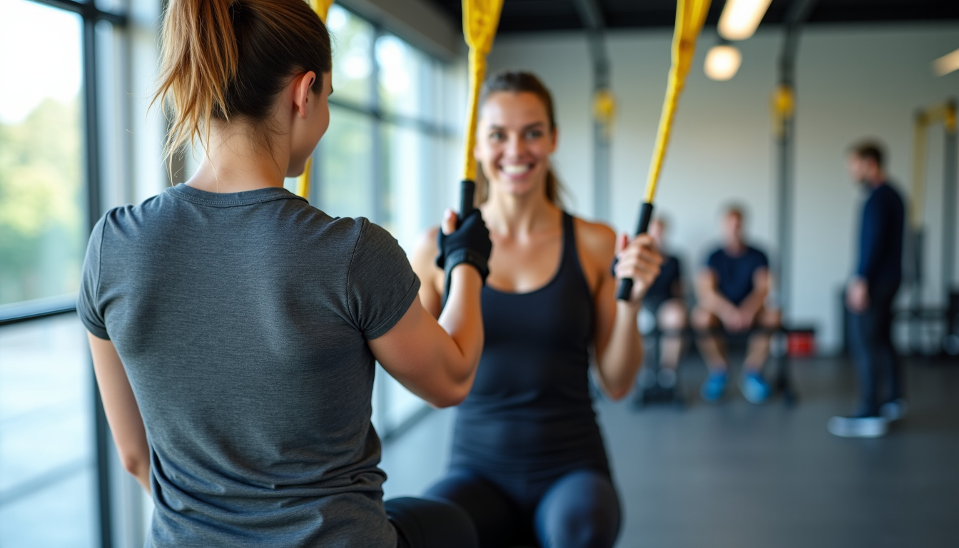 Illustration du principe de suspension du TRX avec un pratiquant en train de réaliser un exercice de rowing