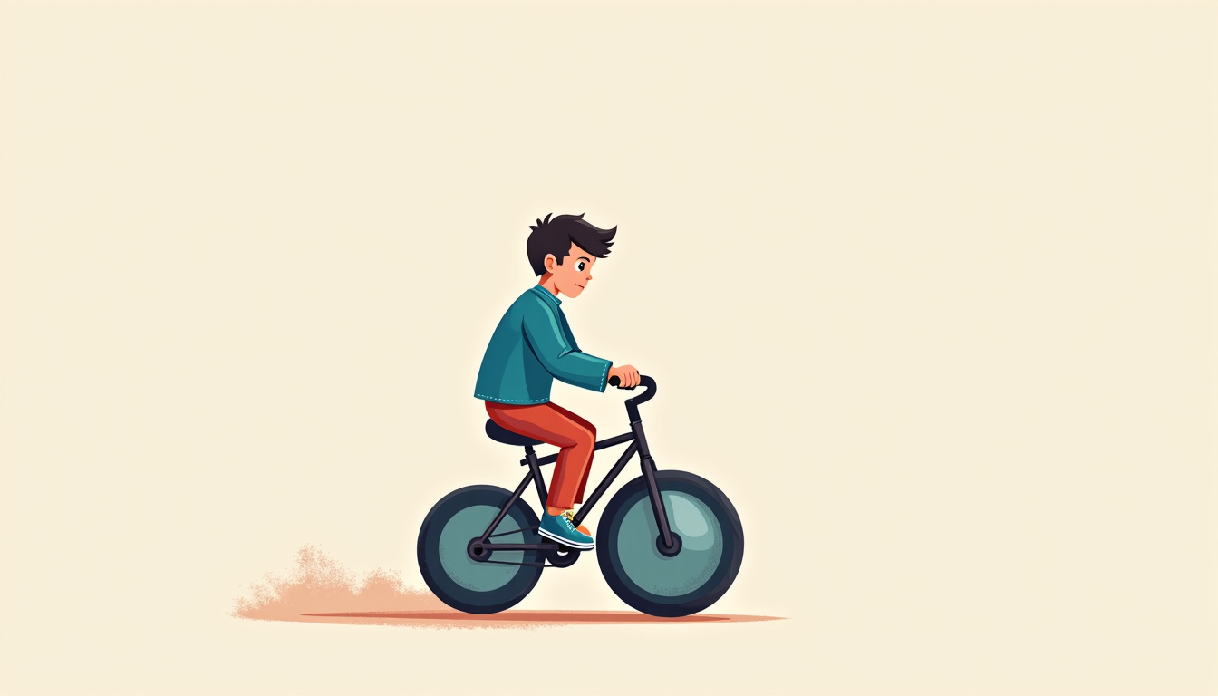 Illustration montrant un enfant sur un vélo trop grand, penché en avant, avec des pieds qui ne touchent pas le sol