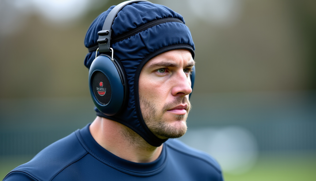 Joueur de rugby portant un casque de protection auriculaire spécifique lors d’un entraînement