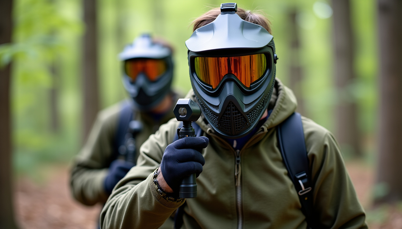 Joueurs en action sur le terrain de paintball en forêt de Paintball Nature près de Lyon