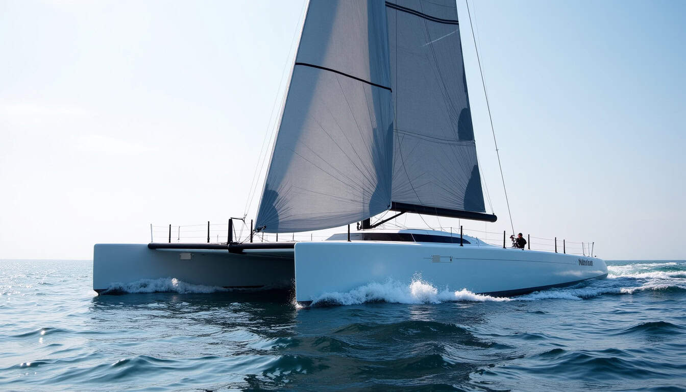 Le trimaran Sodebo Ultim en pleine mer, sous voilure complète, avec des vagues imposantes