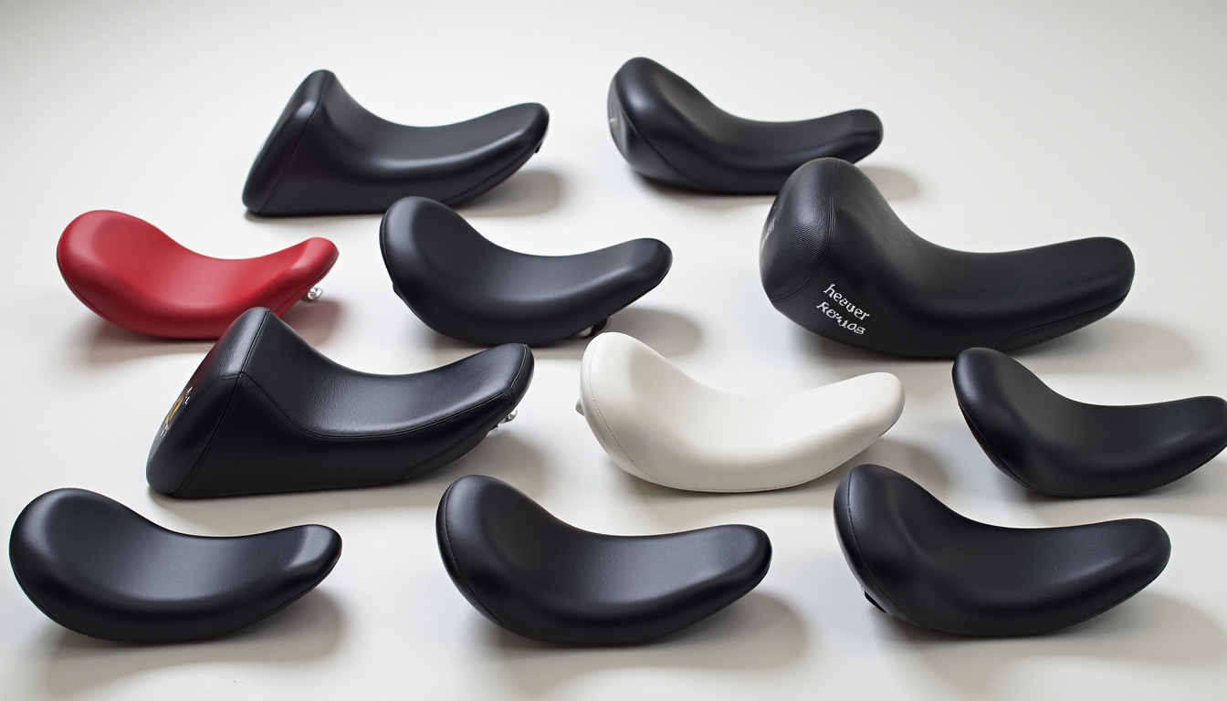 Montage comparatif de plusieurs selles VTT de différentes marques sur un établi