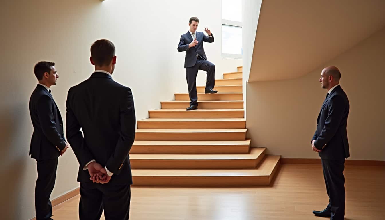 Monte-escalier installé dans une salle de kung-fu avec pratiquants observant