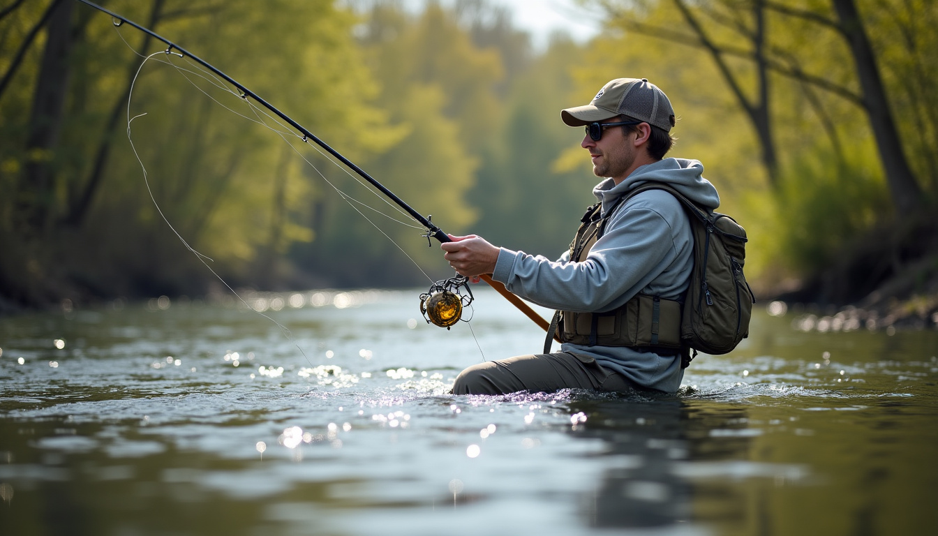 Pêche du brochet en rivière au printemps, canne à pêche en action