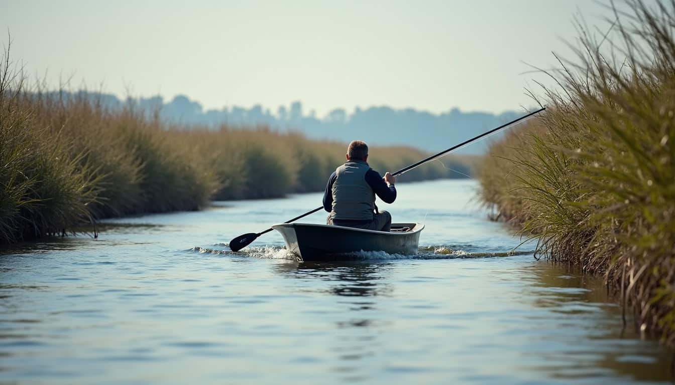 Pêcheur en action sur un canal bordé de végétation, typique des zones de pêche du brochet
