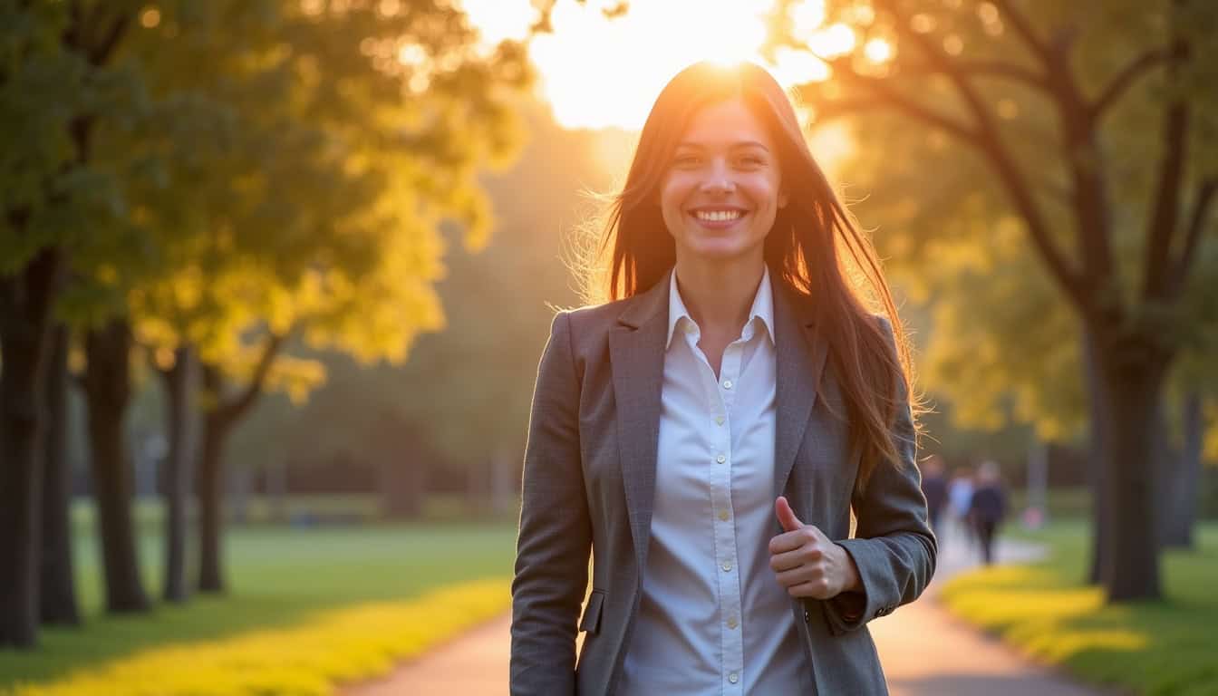 Personne souriante en train de marcher dans un parc, lumière du matin