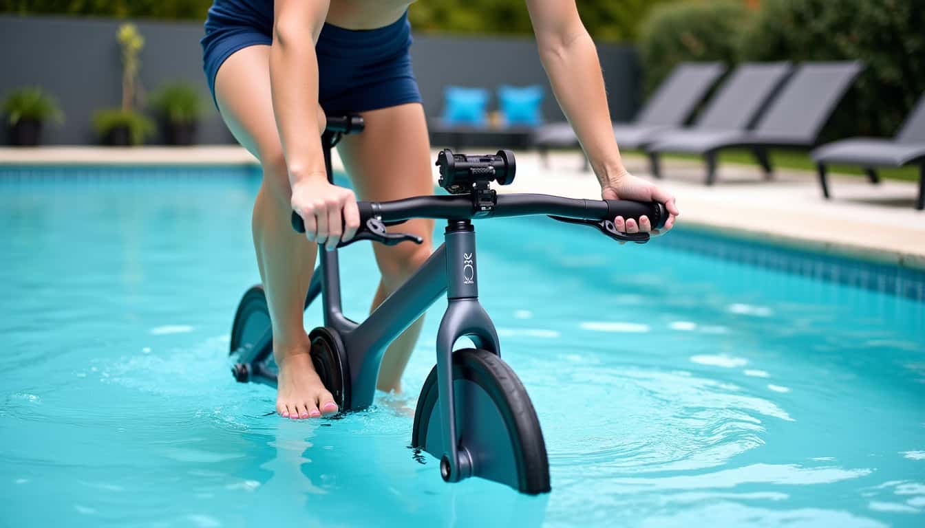 Personne utilisant un vélo de piscine dans un bassin privé, en position debout, pédalant activement