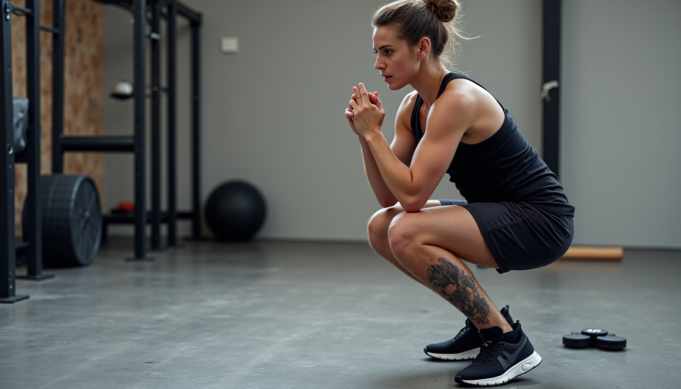 Photographie illustrant un exercice de squat TRX avec un pratiquant stabilisé par les sangles