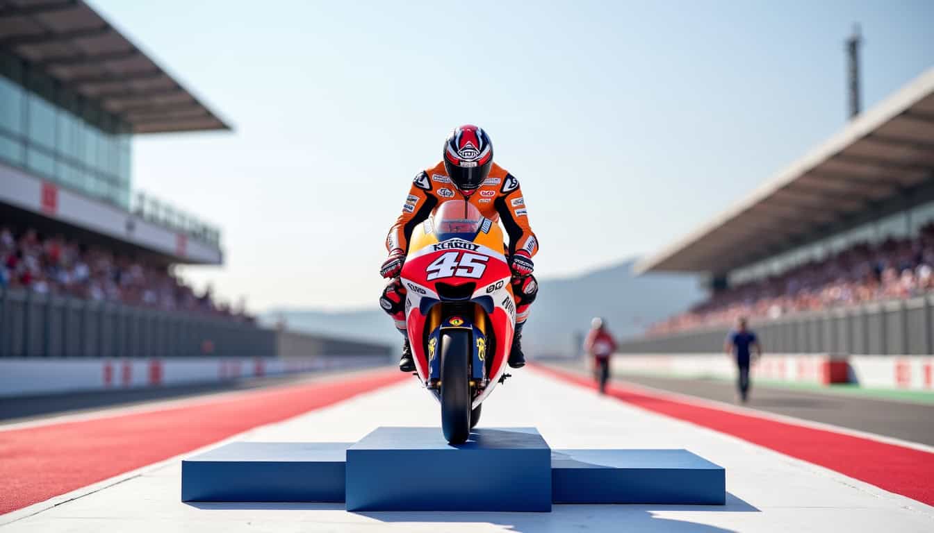 Podium du Grand Prix MotoGP de Misano 2025 avec drapeaux italiens et fumigènes