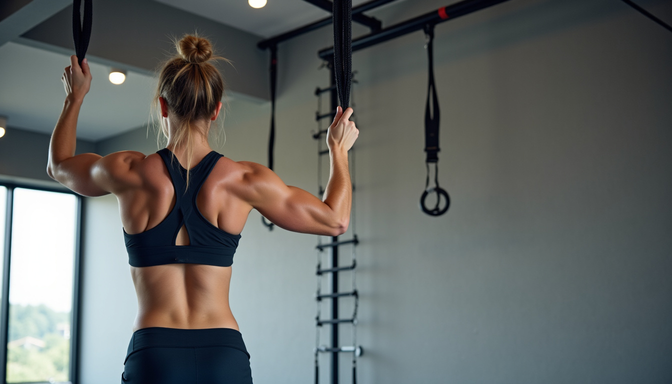 Pratiquante équipée d’un harnais de Bungee Fitness relié à des élastiques au plafond