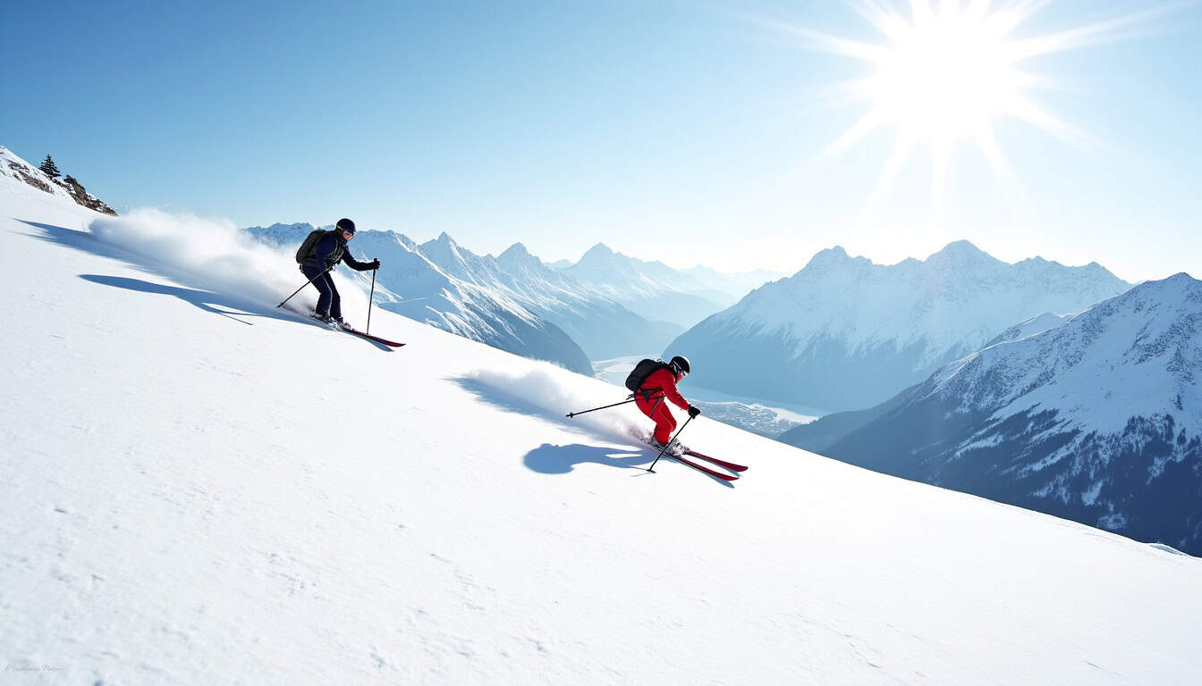 Skieurs descendant une piste enneigée à Chréa avec vue sur les montagnes de l